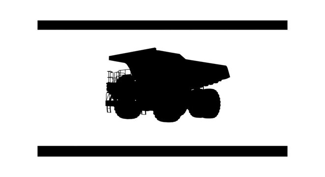 Black silhouette of a large heavy mining dump truck driving on a rough road isolated on transparent background, Vector