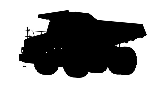 Black silhouette of a heavy dump truck vehicle for construction and mining work isolated on transparent background, Vector