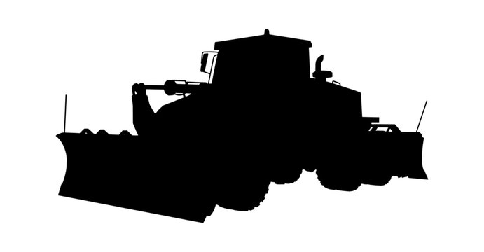 Black silhouette of a heavy construction road grader machine for earthmoving and land leveling work isolated on transparent background, Vector