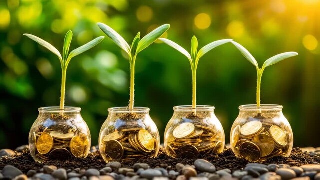 Four glass jars with gold coins and green seedlings are arranged on grey pebbles