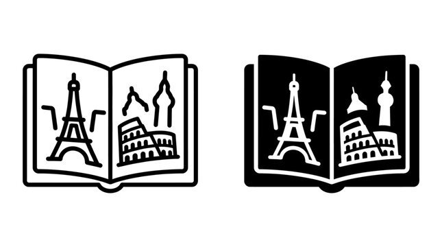 Set of travel guide icons featuring famous European landmarks in open books.