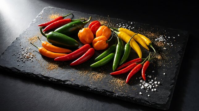 Fresh colorful chili peppers on a dark stone board. chili kickoff