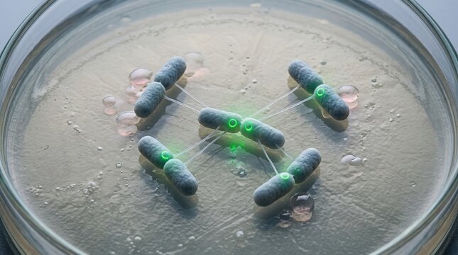 Inside an oxygen-free chamber, rod-shaped bacteria connect through a thin conjugation pilus while circular plasmids glow between cells; agar surface texture, sealed jar.