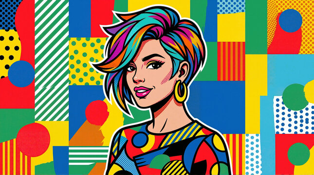 Pop art illustration of woman with colorful spiky haircut. Vibrant retro comic style portrait with geometric background. Bold fashion and beauty concept