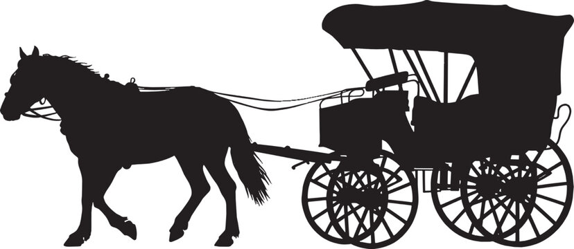 Black silhouette of a horse pulling a vintage carriage or stagecoach isolated on transparent background, Vector