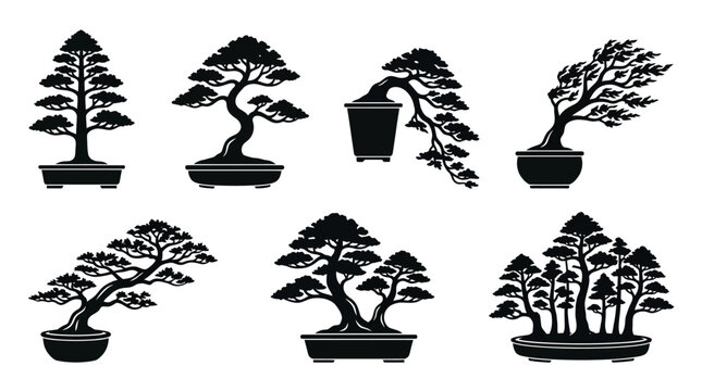 Flat vector icon set featuring six bonsai tree styles: Formal upright bonsai, informal upright bonsai, cascade bonsai, windswept bonsai, twin trunk bonsai, forest bonsai, monochrome solid silhouette, 