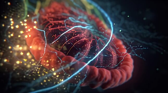 Advanced 3D rendering of a human cell mitochondria with glowing energy particles and neural network pathways.