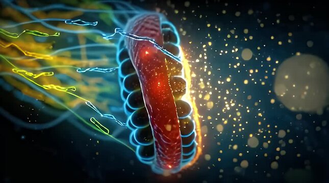 3D scientific visualization of a mitochondria organelle showing energy production and cellular respiration process.