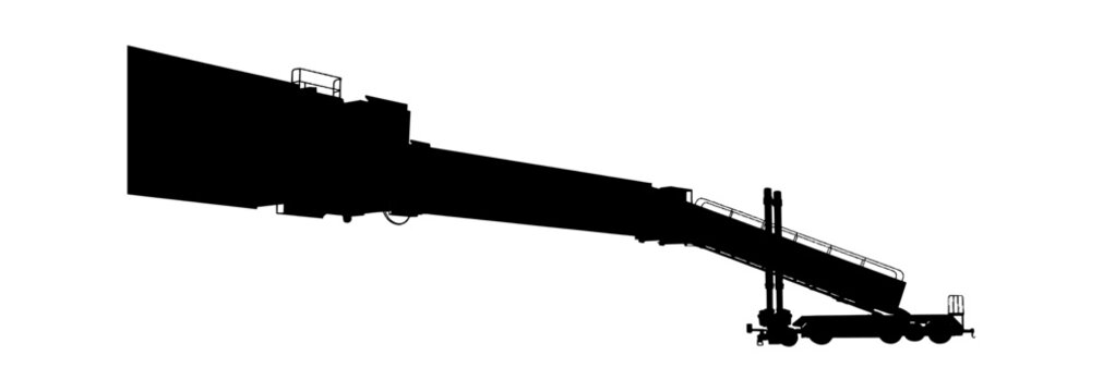 Black silhouette of an airport passenger boarding bridge connected to a mobile vehicle for aircraft boarding and deplaning operations isolated on transparent background, Vector
