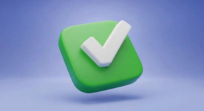 3D rendered green check mark icon on soft blue background with validation positive verified decision agreement