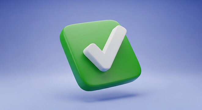 Three dimensional checkmark icon on purple background with checkmark approval validation positive complete