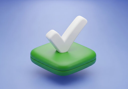 3D rendered white check mark icon on green square platform isolated on blue with confirmation positive approved completion selection checkbox