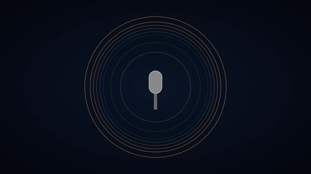 Minimalist microphone icon with animated sound waves, voice assistant interface on dark background, digital audio recording concept