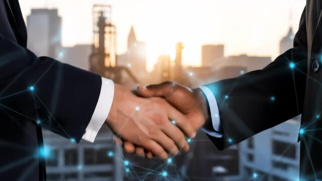 Two diverse businessmen shake hands overlaid with a glowing blue network grid