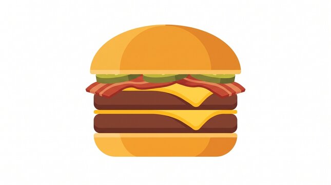 Vector illustration on a white background featuring a delicious hamburger with cheese, bacon and pickles.