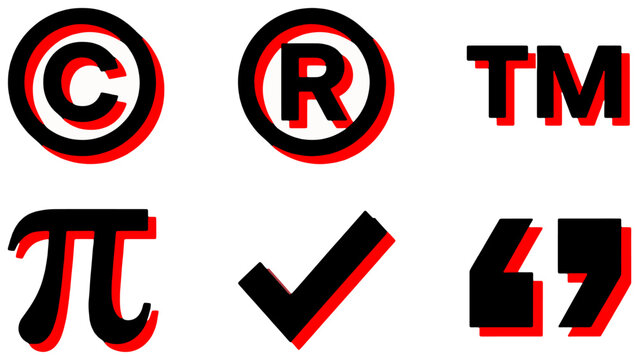 Copyright registered trademark pi and checkmark icons with red shadow isolated on transparent background abstract vector illustration 
