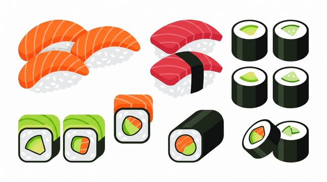 Vector illustration on a white background of delicious sushi and sashimi.