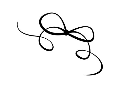 Romantic vintage ribbon bow in black. Hand drawn knot as simple wedding ornament. Wavy ribbon line as cute invitation decor and retro card element for romantic party or holiday template