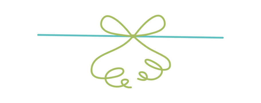 Whimsical hand drawn decorative bow line. Cute curly ribbon ornament as girly lace element. Coquette doodle border in green and blue, romantic minimal decor for card or invite template, wedding or