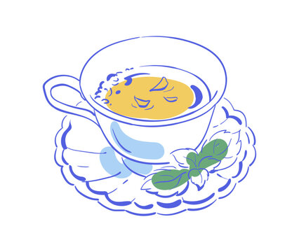 Coquette tea cup with cute style. Delicate breakfast drink as whimsical doodle art. Hand drawn cup and tea icon with soft blue and yellow color, simple line on white background for cafe menu, bakery