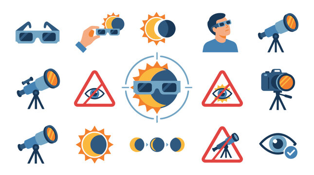 Solar eclipse observation icons set with telescope glasses and warning signs. EPS Editable