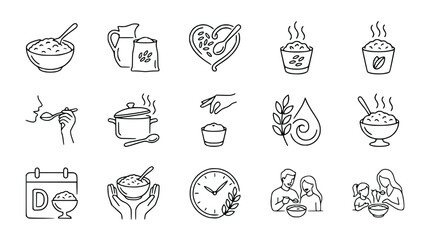 Fototapeta premium Healthy Rice Eating Icons Set: Cooking, Serving, Family Meal, Calendar, Spoonful, Pot, Heart Shape