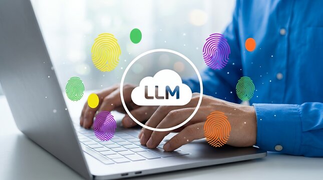 Person typing on a laptop keyboard with a cloud icon labeled LLM and colorful fingerprint graphics surrounding them large language model artificial intelligence AI cloud computing