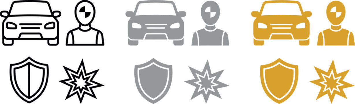 Car safety test and crash test dummy icons set