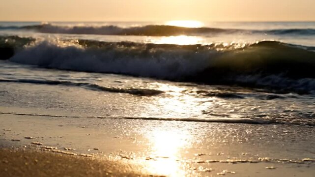 Slow Pan Along Rolling Ocean Waves Crashing Gently Onto Shore