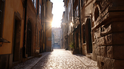 Fototapeta premium An old, narrow cobblestone street bathed in warm sunlight, with historic buildings lining both sides and leading towards a bright horizon