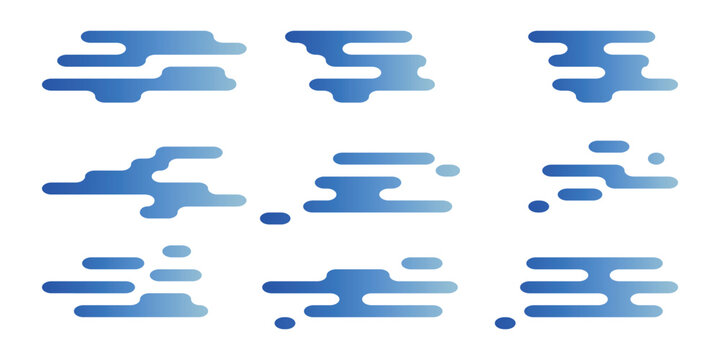 Set of traditional oriental cloud patterns with soft blue gradient, minimalist abstract line art geometric clouds isolated on white background.