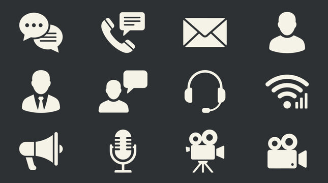 Set of essential communication, contact, and digital media icons. White symbols for web, chat, phone, email, video.