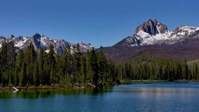 Little Redfish lake flyover leading to Sawtooth mountains