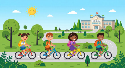 Naklejka premium Kids riding bicycles, school background, colorful illustration, children cycling, outdoor fun
