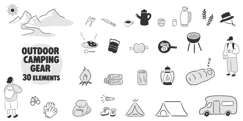 Fototapeta premium Black and White _Outdoor Camping Gear Vector Set | Camping Equipment and 30 Outdoor Elementsf 