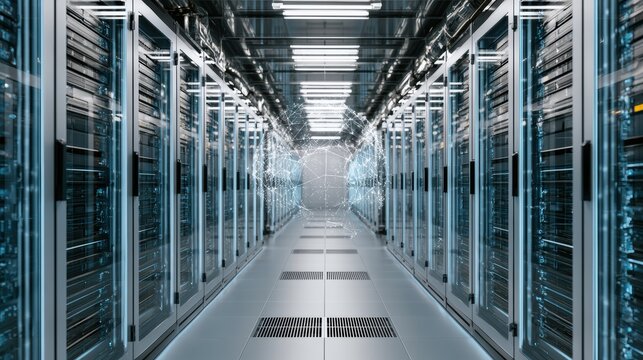 Shot of Corridor in Working Data Center Full of Rack Servers and Supercomputers with Internet connection Visualization Projection, technology, digital, futuristic, future,