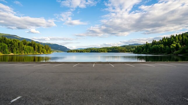 A wide angle view of an empty asphalt parking lot with white painted lines, overlooking a calm blue lake surrounded by dense green pine forest trees