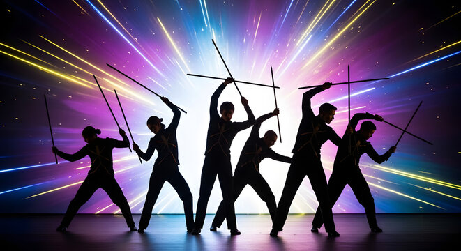 Group of performers in silhouette with sticks against colorful light burst background