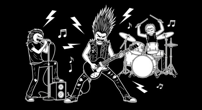 Punk rock band performing live, black and white line art on dark background