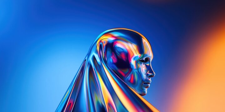 Abstract holographic chrome sculpture of a human head with vibrant iridescent colors