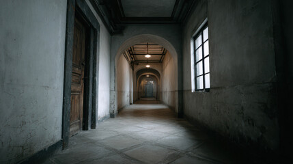 Fototapeta premium An eerie, long, and dark corridor with arched doorways and windows. The dim lighting creates a mysterious and unsettling atmosphere, inviting speculation about what lies at the end