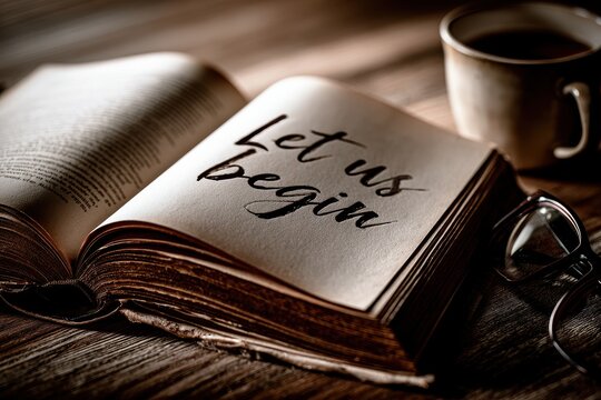 Open vintage book with handwritten Let Us Begin text on wooden table with coffee and glasses
