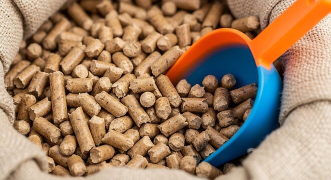 Bag of animal feed pellets with a scoop close-up feedstock livestock
