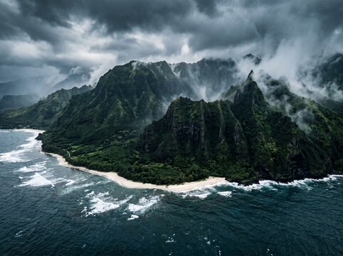 Dramatic Aerial View of Na Pali Coastline, Kauai, Hawaii, with Stormy Clouds and Rugged Cliffs.