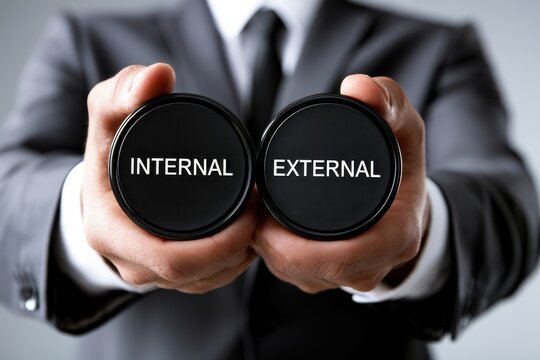 Businessman Holding Disks Labeled Internal and External, Representing Business Concepts and Decisions