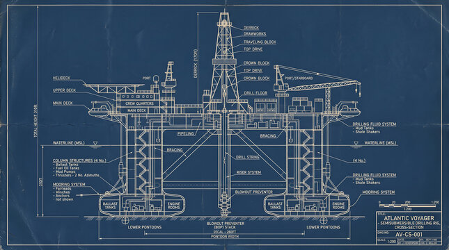 Oil rig sketch showing a detailed technical offshore blueprint