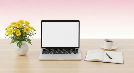Fototapeta premium laptop on desk with flowers and coffee
