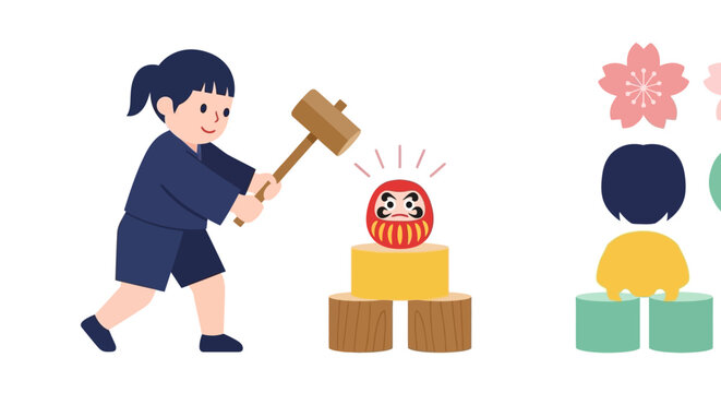 Child playing with traditional Japanese Daruma doll and hammer.