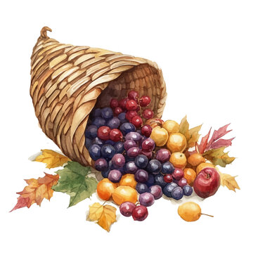 Cornucopia, watercolor painting vector, isolated on a white background.