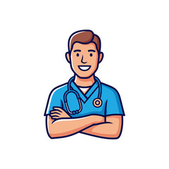 Fototapeta premium Friendly male doctor wearing blue scrubs and a stethoscope